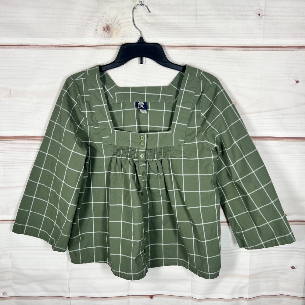 Route 66 Top Womens Medium Green Check Blouse Cotton Square Neck Button Front